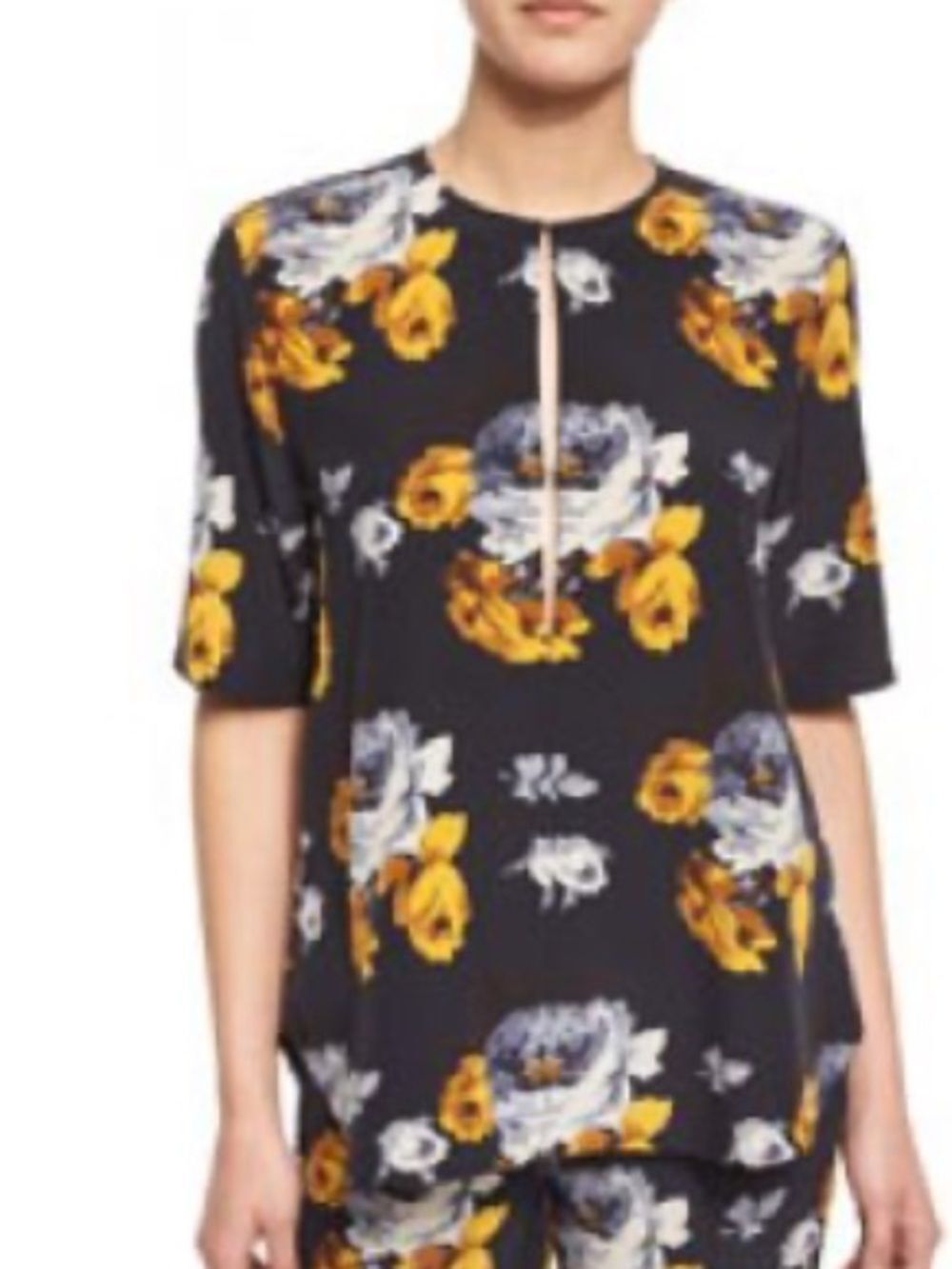 Theory Antazie Distressed Floral-Print Silk Top oversize petite